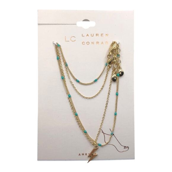 LC Lauren Conrad NIP Gold Tone Four Strand Lightening Bolt Green Bead Anklet - Picture 4 of 8
